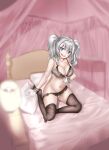  1girl absurdres afterimage bed bed_invitation black_thighhighs blue_eyes bra commission frilled_bra frilled_gloves frilled_panties frills gloves grey_bra grey_hair grey_panties highres kantai_collection kashima_(kancolle) long_hair looking_at_viewer meru-chan panties pillow sitting skeb_commission solo thighhighs tsurime twintails underwear underwear_only wavy_hair white_gloves yokozuwari 
