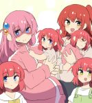  6+girls absurdres baby baby_carry bangs blue_eyes bocchi_the_rock! carrying cube_hair_ornament gotou_hitori hair_between_eyes hair_ornament highres hinghoi if_they_mated ips_cells jacket kita_ikuyo long_hair multiple_girls one_side_up open_mouth pink_hair pink_jacket pregnant red_hair school_uniform shaded_face smile track_jacket 