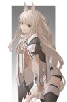  1girl animal_ear_fluff animal_ears arknights bangs black_gloves breasts cowboy_shot gloves highres horse_ears horse_girl horse_tail long_hair looking_at_viewer navel platinum_(arknights) short_shorts shorts small_breasts smile solo stomach tail white_shorts yueyue_no_hand 