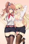  2girls absurdres ahoge belt blonde_hair blue_eyes blush breasts brown_hair commentary commission cowboy_shot double-parted_bangs english_commentary garter_straps gradient_background hand_on_another's_waist highres iowa_(kancolle) kantai_collection large_breasts lindaroze long_hair midriff multiple_girls office_lady open_mouth pencil_skirt saratoga_(kancolle) second-party_source sidelocks skirt smile smokestack_hair_ornament star-shaped_pupils star_(symbol) symbol-shaped_pupils thighhighs 