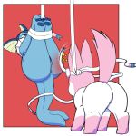  atecky blue_body bound butt butt_slap digital_media_(artwork) duo eeveelution female feral fur generation_1_pokemon generation_6_pokemon genitals hi_res mammal nintendo pokemon pokemon_(species) pussy simple_background slap spanking sylveon vaporeon video_games white_body 