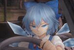  1girl blue_bow blue_eyes blue_hair bow but_you_can't_prove_it_(meme) car_interior cirno closed_mouth commentary dexter_(tv_series) driving english_commentary hair_bow jusnjuans meme motor_vehicle parody scene_reference solo steering_wheel touhou v-shaped_eyebrows 