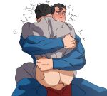  2boys anal ass batman batman_(series) black_hair blue_bodysuit blue_eyes blush bodysuit bruce_wayne clark_kent commentary dc_comics grey_bodysuit highres hug male_focus male_penetrated multiple_boys penis sex short_hair superhero_costume superman superman_(series) white_background yaoi zhohuis 