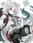  1boy animal_ears arknights bag bishounen cowboy_shot fox_boy fox_ears fox_tail gloves highres hood hoodie infection_monitor_(arknights) male_child male_focus qanipalaat_(arknights) red_eyes red_gloves short_hair snowflakes solo tail whinghope white_hair white_hoodie 