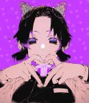  1girl black_hair breasts butterfly_hair_ornament close-up closed_mouth commentary demon_slayer_uniform hair_ornament haori heart heart_background heart_hands highres japanese_clothes kimetsu_no_yaiba kochou_shinobu looking_at_viewer medium_breasts multicolored_hair no_pupils parted_bangs purple_background purple_eyes purple_streaks purple_theme rutu sidelocks smile solo straight-on streaked_hair twitter_username untranslatable_commentary upper_body 