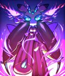  1other alternate_eye_color antennae aura colored_sclera colored_skin commentary_request dark_aura disembodied_eye eye_trail from_below furry green_sclera hands_up leg_up light_trail looking_at_viewer lurantis multicolored_skin no_mouth other_focus pink_skin pokemon pokemon_(creature) purple_background purple_eyes purple_theme s_(esumi_kihomaru) solo standing standing_on_one_leg stepping_on_viewer straight-on underlighting white_skin 