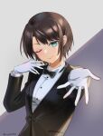  1girl ;) alternate_costume black_bow black_bowtie black_suit blue_eyes bow bowtie brown_hair butler collared_shirt commentary crossdressing crossdressing_(ftm) dress_shirt female_butler gloves grey_background highres hololive host jacket lapels offering_hand one_eye_closed oozora_subaru outstretched_hand reaching reaching_towards_viewer shimo_(fly20232) shirt short_hair sidelighting smile solo suit suit_jacket swept_bangs tomboy traditional_bowtie transparent_background upper_body v-shaped_eyebrows virtual_youtuber white_gloves white_shirt 