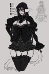  1girl aristocratic_clothes black_dress black_hair blush blyssade breasts dragon_girl dress goth_fashion highres huge_breasts long_hair original pale_skin purple_eyes purple_lips sketch smile tail thick_eyelashes 