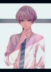  1boy blue_eyes blue_necktie closed_mouth collared_shirt finger_to_mouth light_purple_hair looking_at_viewer male_focus necktie roji_(rozio) seomoon_ijeong shirt short_hair solo striped_necktie white_shirt wind_boys! yellow_necktie 