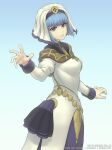  1girl blue_background blue_eyes blue_hair breasts dress fire_emblem fire_emblem_echoes:_shadows_of_valentia gofelem jewelry long_sleeves looking_at_viewer looking_back medium_breasts reaching_towards_viewer silque_(fire_emblem) simple_background solo veil web_address white_background white_dress 