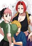  !? ... 1boy 2girls anger_vein ass between_breasts black_hair blonde_hair breasts cleavage commentary_request danno_hana green_shirt head_between_breasts hidari_(yomi_no_tsugai) highres horns huge_pectorals large_breasts multicolored_hair multiple_girls pink_hair pleia_desu ponytail red_hair rope shirt single_horn small_horns spoken_anger_vein spoken_ellipsis two-tone_hair white_background white_hair yomi_no_tsugai yuru_(yomi_no_tsugai) 