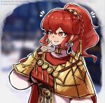  1girl absurdres alt_text anna_(fire_emblem) anna_(fire_emblem:_fortune's_weave) armor braid breasts commentary earrings english_commentary finger_to_face fire_emblem fire_emblem:_fortune's_weave hair_between_eyes highres jewelry medium_breasts missingtexture notice_lines ponytail red_eyes red_hair smile solo upper_body vambraces 