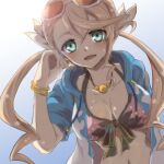  1girl adjusting_hair alisha_diphda alisha_diphda_(beachside_girl) bead_necklace beads bikini black_bow black_trim blonde_hair blue_jacket blush bow bracelet breasts brown-tinted_eyewear cleavage collarbone commentary_request day drill_hair esperance eyewear_on_head from_below front-tie_bikini_top front-tie_top green_eyes hair_between_eyes hair_ornament halterneck highres hood hooded_jacket jacket jewelry large_breasts leaning_forward lens_flare long_hair looking_at_viewer multicolored_jacket navel necklace official_alternate_costume official_alternate_hairstyle open_clothes open_jacket open_mouth pink_bikini revision side_drill smile solo sunglasses swimsuit tales_of_(series) tales_of_zestiria tinted_eyewear twintails two-tone_jacket upper_body white-framed_eyewear white_jacket 