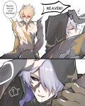  2boys ? absurdres after_fellatio armor black_bodysuit black_cape black_sclera blonde_hair blush bodysuit cape claws clenched_hand closed_eyes colored_sclera commentary cracked_skin dual_persona eliice131 embarrassed english_commentary english_text gauntlets grey_hair hair_between_eyes hair_over_one_eye hand_on_another's_head highres honkai:_star_rail honkai_(series) hood hooded_cape long_hair_between_eyes looking_at_another looking_down male_focus multiple_boys multiple_views open_mouth pauldrons phainon_(flame_reaver)_(honkai:_star_rail) phainon_(honkai:_star_rail) phainon_(khaslana)_(honkai:_star_rail) purple_eyes selfcest short_hair shoulder_armor simple_background single_gauntlet single_pauldron sitting speech_bubble spoken_question_mark spread_legs tongue tongue_out white_background yaoi yellow_eyes 