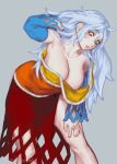  1girl breasts cleavage collarbone commentary detached_sleeves envenomist_(gengoroumaru) grey_background grey_hair hair_between_eyes hand_in_own_hair hand_on_own_thigh highres large_breasts leaning_forward long_hair long_sleeves looking_down off-shoulder_shirt off_shoulder orange_shirt parted_lips red_eyes red_skirt sakata_nemuno shirt side_slit skirt solo thighs touhou twitter_username two-tone_shirt yellow_shirt 