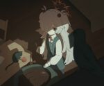  1girl bird blue_archive bow brown_eyes cat cauldron closed_mouth collared_shirt commentary crow dress grey_dress grey_hair hair_over_one_eye halo highres holding holding_paper holding_vial indoors kanoe_(blue_archive) korean_commentary long_hair orange_halo paper red_bow shirt solo somgolmae two_side_up very_long_hair vial white_shirt 