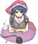  1girl black_capelet blob blue_eyes blue_hair blush capelet doremy_sweet dream_soul dress ginnkei hat looking_at_viewer multicolored_clothes multicolored_dress nightcap pom_pom_(clothes) red_headwear short_hair simple_background solo tail tapir_tail touhou white_background 