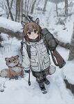  1girl absurdres animal animal_ears backpack bag battle_rifle boots brown_eyes brown_hair camouflage camouflage_jacket coat footprints fox fox_ears fox_girl fox_girl_(yihan_world) fox_tail gloves gun highres holding holding_weapon jacket leash looking_at_viewer m14 m21 original outdoors pants rifle sniper_rifle snow solo tail tree weapon white_coat winter woodland_camouflage yihan_world 
