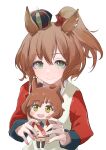  1girl animal_ears aston_machan_(flare)_(umamusume) aston_machan_(umamusume) black_bow black_bowtie blush bow bowtie breasts brown_hair character_doll closed_mouth commentary crown cutie_(umamusume) doll green_eyes hair_ornament hair_scrunchie highres holding holding_doll horse_ears horse_girl karajio long_sleeves looking_at_viewer mini_crown red_nails red_sash red_scrunchie red_sleeves sash scrunchie shirt shoulder_sash simple_background smile solo tilted_headwear umamusume white_background 
