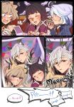  4girls :3 ahoge animal_ear_fluff animal_ears arlecchino_(genshin_impact) bare_shoulders black_collar black_eyes black_hair black_hands black_ribbon black_sleeves black_streaks blue_eyes blue_gem blue_hair blue_jacket blue_pupils blue_streaks blush bonnet brown_hair cat_ears cat_girl cesar_zebrah closed_eyes closed_mouth coat collar colored_extremities columbina_(genshin_impact) commentary cowlick cup detached_collar detached_sleeves dress drinking emphasis_lines english_commentary english_text extra_ears eyelash_ornament fake_animal_ears fingernail_gloves furina_(genshin_impact) gem genshin_impact gloves gradient_hair grey_coat hair_between_eyes hair_ornament hair_ribbon head_wings headdress highres jacket kemonomimi_mode long_hair long_sidelocks long_sleeves multicolored_hair multiple_girls multiple_wings open_mouth ouji_fashion polaroid_photo purple_hair purple_streaks red_pupils ribbon sandrone_(genshin_impact) short_hair short_hair_with_long_locks sidelocks smile speech_bubble streaked_hair sweatdrop symbol-shaped_pupils tea teacup two-tone_hair v very_long_hair white_dress white_hair white_headdress white_ribbon white_wings wing_hair_ornament wings x-shaped_pupils 