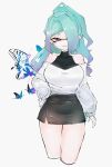  1girl aqua_hair bare_shoulders black_skirt breasts bug butterfly closed_mouth commentary_request cropped_legs gradient_hair hair_over_one_eye hand_on_own_hip highres inkling inkling_girl inkling_player_character jjjj27up long_hair looking_at_viewer medium_breasts multicolored_hair off_shoulder pencil_skirt purple_eyes purple_hair shirt short_eyebrows skirt sleeves_past_wrists smile solo splatoon_(series) tentacle_hair thighs tsurime turtleneck turtleneck_shirt white_background white_shirt 
