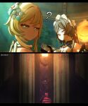  3girls ? android artist_name bare_shoulders blonde_hair blue_eyes bonnet brown_hair citlali_(genshin_impact) citlali_(whispers_of_stars_and_smoke)_(genshin_impact) closed_mouth commentary detached_sleeves english_commentary genshin_impact glowing glowing_eye hair_between_eyes hair_ornament highres jealous littleredhoodd looking_at_another looking_at_hand lumine_(genshin_impact) maid_headdress multiple_girls pink_eyes pink_hair sandrone_(genshin_impact) 
