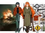  2girls arms_at_sides artist_name axe black_gloves black_hair bottle briefcase brown_shoes camera camera_around_neck chinese_commentary coat commentary_request dated denim duct_tape fingerless_gloves fire fork freckles full_body gas_can gloves green_coat green_eyes gun h&amp;k_usp hammer handgun highres holding holding_briefcase holding_harpoon ishmael_(project_moon) jacket jeans knife lighter limbus_company long_hair multiple_girls object_request orange_hair pants pizza_cutter project_moon red_eyes red_jacket rope ryoshu_(project_moon) shoes short_hair shotgun sign simple_background single_glove sneakers straight-on suppressor torn_clothes torn_jeans torn_pants trench_coat trowel vanlulu warning_sign weapon white_background wire wrench 
