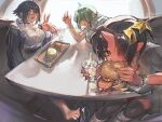  4girls :d ahoge ana_(lalalolily) baitoey_(skullse) black_choker black_eyes black_hair black_thighhighs booth_seating borrowed_character bracelet breasts bright_pupils burger choker colored_skin commentary cup day disposable_cup drinking_straw eating elbow_rest english_commentary fast_food fisheye food french_fries glasses green_hair hair_between_eyes highres holding holding_burger holding_food horns ice ice_cube indoors jacket jajaa_(lalalolily) jewelry lalalolily large_breasts lhamm_(reallycute456) long_hair_between_eyes looking_at_viewer multiple_girls oni open_clothes open_jacket open_mouth original pearl_bracelet pointy_ears red-framed_eyewear red_eyes red_skin restaurant shirt short_hair single_horn sitting smile table thick_eyebrows thighhighs toes tomato tray v white_pupils white_shirt wrapped_burger yellow_eyes 