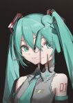  1girl aqua_eyes aqua_hair aqua_necktie bare_shoulders black_background chameleon_(meccha_chameleon) chinese_commentary closed_mouth commentary_request detached_sleeves grey_shirt hair_between_eyes hatsune_miku headset highres kasane_teto kieed long_hair looking_at_viewer meccha_chameleon necktie number_tattoo shirt sidelocks simple_background sleeveless sleeveless_shirt smile solo tattoo twintails upper_body utau vocaloid when_you_see_it 