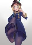  1girl :o absurdres alternate_costume blonde_hair blue_coat blush brown_headwear coat commentary_request eyelashes feet flipped_hair foot_focus from_below fur-trimmed_coat fur_trim grey_background grey_eyes hand_up hat highres looking_down open_mouth pantyhose pokemon pokemon_(game) pokemon_xy raised_eyebrows sahara1127 serena_(pokemon) sleeves_past_elbows soles solo strap 