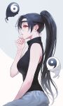  1girl absurdres asa_(yomi_no_tsugai) bare_arms bare_shoulders black_hair black_shirt breasts bright_pupils commentary daifuku_(yomi_no_tsugai) from_side grey_background hand_on_own_chin highres large_breasts long_hair looking_at_viewer mole mole_under_mouth ohagi_(yomi_no_tsugai) parted_lips ponytail qoemfjr_mmm red_eyes red_hair shirt sideways_glance sitting sleeveless sleeveless_shirt solo turtleneck turtleneck_shirt two-tone_background untranslatable_commentary very_long_hair white_background white_pupils yomi_no_tsugai 