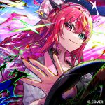  1girl album_cover aqua_eyes checkered_hat closed_mouth commentary_request company_name copyright_notice cover driving earrings fingernails hat heterochromia highres hololive hololive_english horns iris_(tb33064667) irys_(hololive) jacket jewelry long_fingernails long_hair looking_ahead official_art pink_eyes pointy_ears red_hair red_nails sharp_fingernails sidelocks smile solo steering_wheel upper_body virtual_youtuber white_jacket 