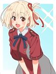  1girl blonde_hair blush blush_stickers brown_eyes commentary_request dress grey_dress hair_ribbon highres looking_at_viewer lycoris_recoil nishikigi_chisato noyama_takenoko open_mouth red_dress ribbon short_hair smile solo two-tone_dress 