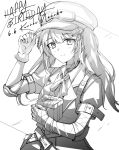  1girl bandaged_arm bandages birthday commentary_request gift gloves goggles goggles_on_headwear hair_ornament happy_birthday hat highres holding holding_gift kurobe_nanoka kurutreite long_hair looking_at_viewer magical_girl mahou_shoujo_no_majo_saiban monochrome smile twintails 