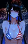  1girl alternate_costume american_flag american_flag_bikini american_flag_print bikini black_hair blue_hair breasts closed_mouth collarbone commentary english_commentary fireworks flag_print flag_print_bikini fourth_of_july hair_ornament highres hololive hololive_english large_breasts looking_at_viewer mole mole_under_eye multicolored_hair navel nerissa_ravencroft print_bikini red_eyes solo star_(symbol) swimsuit two-tone_hair virtual_youtuber yan_kodiac 