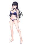  1girl absurdres barefoot black_eyes black_hair blunt_bangs bra breasts cleavage commentary_request highres large_breasts light_blush long_hair midriff navel original panties side-tie_panties smile tachi-e toriatto_gununu underwear underwear_only white_background yuzuriha_sakura 