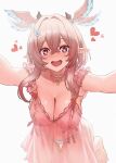  1girl absurdres ayul_(ayulneri_92) babydoll breasts choker cleavage commentary_request frilled_choker frills genshin_impact hair_between_eyes head_wings heart heart-shaped_pupils highres large_breasts leaning_forward linnea_(genshin_impact) looking_at_viewer open_mouth outstretched_arms panties pink_babydoll pink_choker pink_hair pointy_ears red_eyes short_hair_with_long_locks simple_background solo symbol-shaped_pupils underwear white_background white_panties wings 