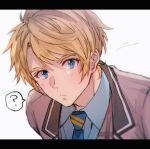  1boy ? blazer blonde_hair blue_eyes blue_necktie blue_shirt blush brown_jacket closed_mouth collared_shirt confused jacket male_focus maruyama_daisuke necktie roji_(rozio) shirt short_hair solo striped_necktie white_background wind_boys! yellow_necktie 