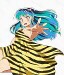  01angelegg 1girl animal_print aqua_hair collarbone commentary_request cone_horns fang frown horns long_hair looking_at_viewer lum naked_towel open_mouth orange_eyes print_towel reaching reaching_towards_viewer sidelocks simple_background solo tiger_print towel twitter_username urusei_yatsura white_background 