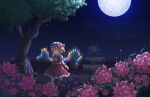  02charaice20 1girl absurdres ascot blonde_hair bow closed_mouth collared_shirt commentary_request crystal crystal_wings flandre_scarlet flower fountain frilled_skirt frilled_wrist_cuffs frills full_moon garden hat hat_bow highres holding holding_flower mob_cap moon multicolored_wings night one_side_up outdoors pink_flower pink_rose pixel_art red_bow red_eyes red_skirt red_vest red_wrist_cuffs rose shirt skirt skirt_set smile solo touhou tree vest white_hat white_shirt wings wrist_cuffs yellow_ascot 