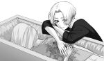  2boys bad_end bags_under_eyes blood blood_on_clothes coffin commentary_request corpse death empty_eyes funeral hanagaki_takemichi highres implied_murder in_coffin k0haruuu long_sleeves male_focus monochrome multiple_boys rectangular_coffin sano_manjirou short_hair tears tokyo_revengers upper_body 