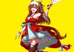  1girl animal_ears arm_up armpits blood blood_on_weapon brown_hair brown_thighhighs butcher_vanity_(synthesizer_v) cleaver commentary_request cowboy_shot dress ear_covers empty_eyes highres holding holding_cleaver horse_ears horse_girl horse_tail long_hair looking_at_viewer noca_nokcha open_mouth red_dress red_eyes simple_background sleeveless sleeveless_dress smile solo still_in_love_(scarlet_vow_raiment)_(umamusume) still_in_love_(umamusume) tail thighhighs umamusume veil weapon white_veil yandere yellow_background 