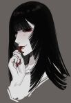  1girl black_hair blyssade highres hime_cut long_hair mature_female original red_lips seductive_smile smile smug solo_focus thick_eyelashes 