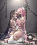  2girls absurdly_long_hair absurdres arabian_clothes arms_behind_back ball_and_chain_restraint barefoot bdsm black_veil bondage bound bound_arms bound_wrists breast_curtains breasts bun_cover chain circlet clenched_teeth commentary_request dancer dark_skin detached_sleeves evil_smile face-to-face femdom from_side gold hand_on_another's_face harem_outfit highres large_breasts long_hair long_sleeves medium_breasts mouth_veil multiple_girls original osisio pink_hair pink_sleeves red_eyes restrained revealing_clothes role_reversal see-through_clothes see-through_veil seiza sitting sitting_on_lap sitting_on_person smile straddling tan teeth thighhighs tiara veil very_long_hair white_thighhighs yellow_eyes yuri 