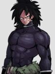  1boy black_bodysuit black_hair bodysuit broly_(dragon_ball_super) dragon_ball dragon_ball_super dragon_ball_super_broly grey_background kemachiku looking_at_viewer male_focus muscular muscular_male scar scar_on_face simple_background solo 