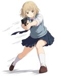  1girl aiming blonde_hair blue_necktie blue_skirt brown_eyes full_body glock gun handgun highres holding holding_gun holding_weapon huyukia kneehighs loafers necktie oomuro-ke oomuro_nadeshiko pleated_skirt school_uniform shirt shoes short_hair simple_background skirt socks solo sweater_vest weapon white_background white_shirt white_socks yuruyuri 
