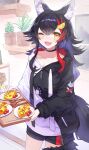  :3 :d ;d absurdres animal_ear_fluff animal_ears black_hair black_shorts breasts check_commentary collarbone commentary_request cowboy_shot dog_ears dog_girl food food_writing hair_between_eyes hair_ornament highres holding holding_tray hololive hololive_gamers hood hoodie indoors inugami_korone inugami_korone_(1st_costume) ketchup long_hair omelet omurice one_eye_closed ookami_mio ookami_mio_(hoodie) open_mouth plant plate red_hair short_shorts shorts small_breasts smile solo spoon tail tray umichabo virtual_youtuber wolf_ears wolf_girl wolf_tail wooden_spoon yellow_eyes 