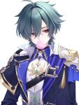  1boy absurdres ahoge armor belt belt_collar black_belt blowing_bubble_gum blue_shirt chewing_gum choker coat collar collared_shirt commentary ear_piercing earrings genshin_impact green_hair hair_between_eyes hair_intakes highres jewelry lohen_(genshin_impact) long_sleeves looking_to_the_side male_focus mochiii-s mole mole_under_eye multicolored_eyes piercing shirt short_hair shoulder_armor single_earring solo upper_body white_background 