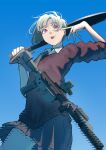  1girl absurdres ar-15 assault_rifle bare_legs baseball_bat bcm_mcmr blue_background blurry commentary_request cowboy_shot from_below green_hair grey_skirt gun highres holding holding_baseball_bat holding_weapon looking_at_viewer mafuyu_0213 original purple_eyes red_sweater rifle shirt short_hair simple_background skirt solo sweater tongue tongue_out weapon white_shirt yuno_(nyo551) 