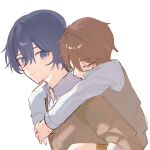  2boys arms_around_neck blue_eyes blue_hair brown_hair brown_vest carrying child closed_eyes closed_mouth collared_shirt commentary hair_between_eyes highres honkai_(series) honkai_impact_3rd joachim_nokianvirtanen long_sleeves male_focus multiple_boys nyayou_amanatto piggyback shirt short_hair simple_background sleeping u_u upper_body vest welt_joyce welt_yang white_background white_shirt wing_collar 